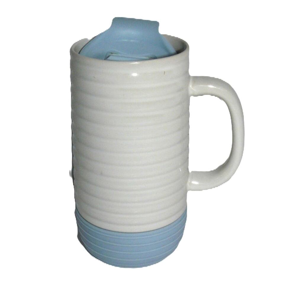 Crofton Ceramic Travel Mug With Lid And Handle Blue Gray Ribbed Tumbler NWT